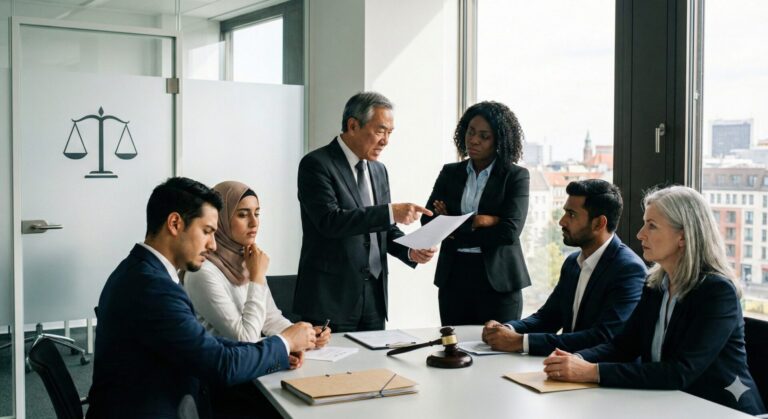 Diverse Gruppe von Gesellschaftern in einer hitzigen Diskussion in einem modernen Berliner Konferenzraum; auf dem Tisch liegen Akten und ein Richterhammer als Symbol für einen Gesellschafterstreit und die Beschlussfeststellungsklage in der GmbH.
