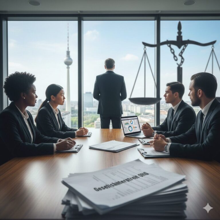 Diverse Gesellschafter bei einer Krisensitzung zum Gesellschafterstreit in einer OHG in einem Berliner Büro mit Blick auf den Fernsehturm und juristischer Symbolik