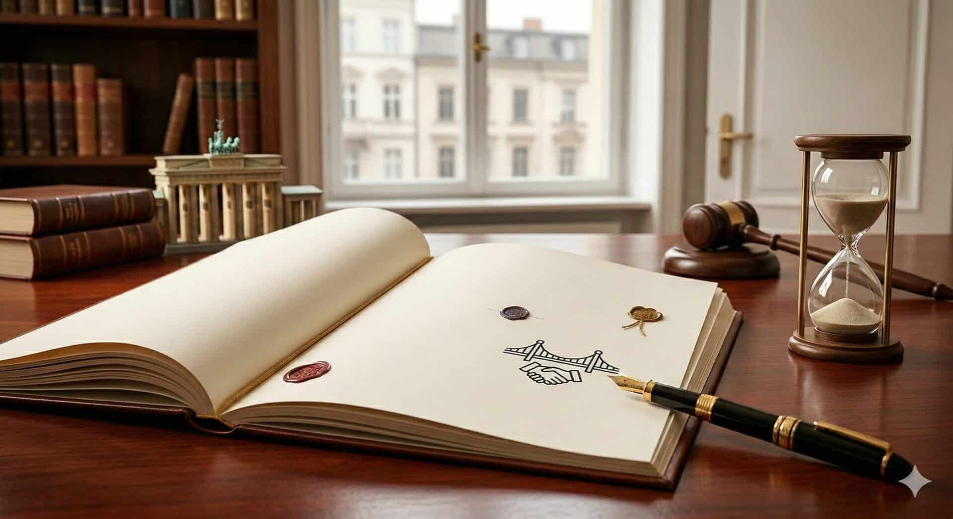 Schreibtisch eines Berliner Anwalts mit GmbH-Gesellschaftsvertrag und Mediation-Symbolen zur Beilegung von Gesellschafterstreit.