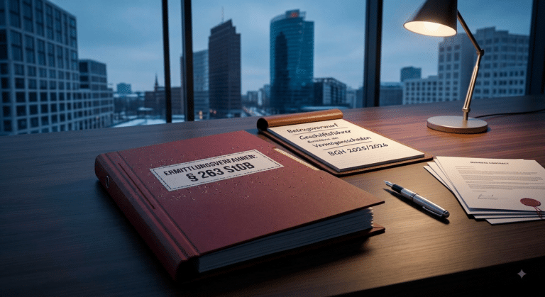 Nächtlicher Schreibtisch in einer Anwaltskanzlei mit Blick auf eine Großstadt-Skyline. Im Vordergrund liegt ein roter Aktenordner mit der Aufschrift 'ERMITTLUNGSVERFAHREN: § 263 StGB'. Daneben liegt ein Notizblock mit handschriftlichen Notizen zu 'Betrugsvorwurf', 'Geschäftsführer', 'Vermögensschaden' und 'BGH 2025/2026', sowie ein Füllfederhalter und Verträge. Rechtsanwalt Jens Reuter in Berlin
